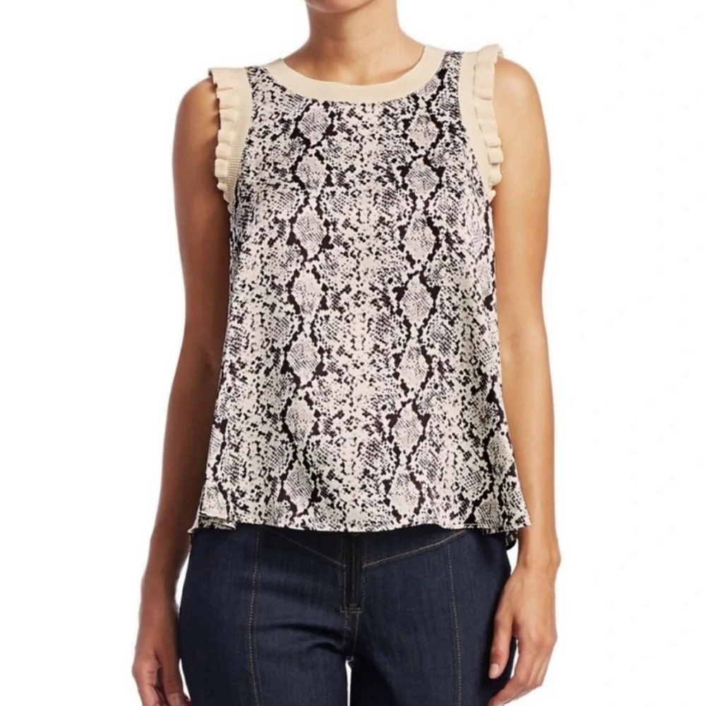 Cinq a Sept Lenore Silk Snake Python Print Ruffle Trim Top Size Medium